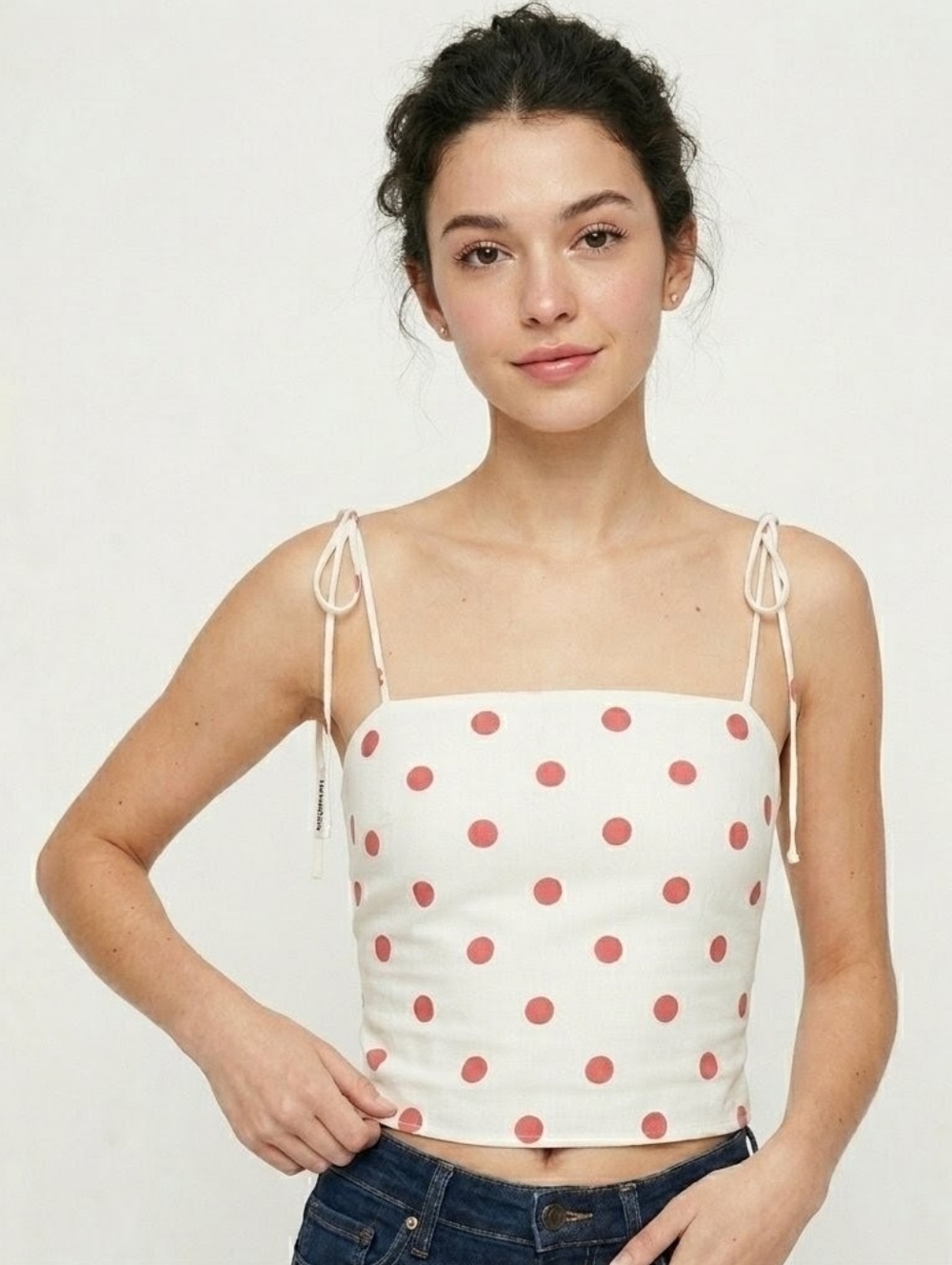 Reformation Grace Ecru and White Polka Dot Crop Top - Size 0
